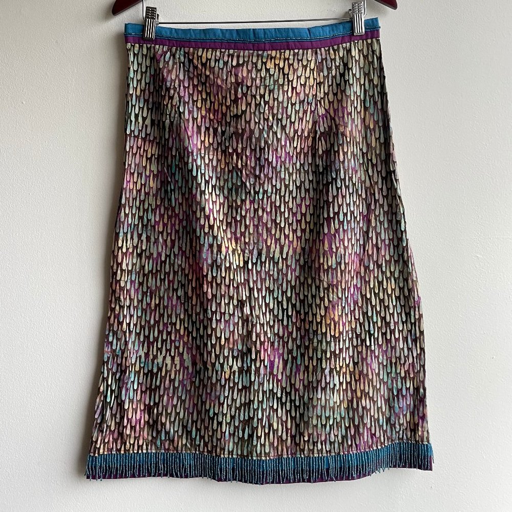 Indonesian Batik Skirt - Sz L - Exquisite Bead Work at Waist & Hem